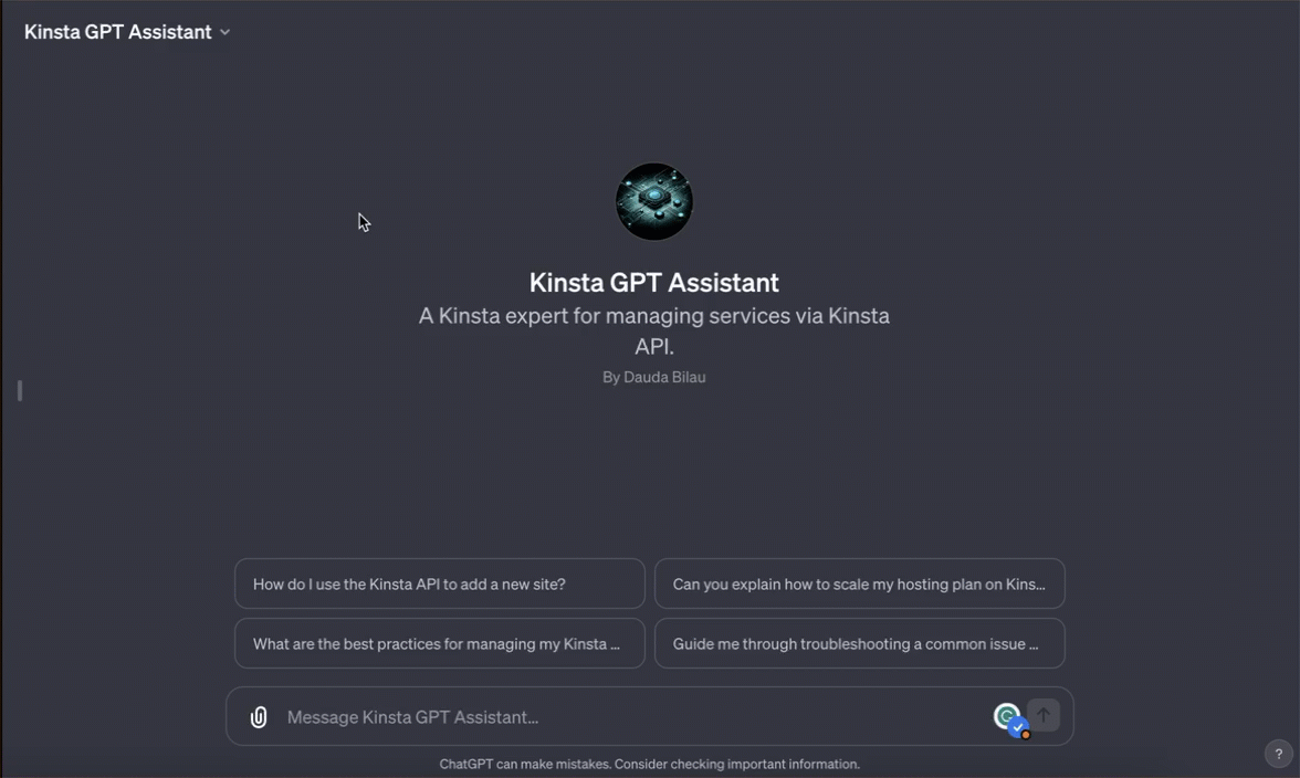 ChatGPT personalizado interagindo com a API do Kinsta.
