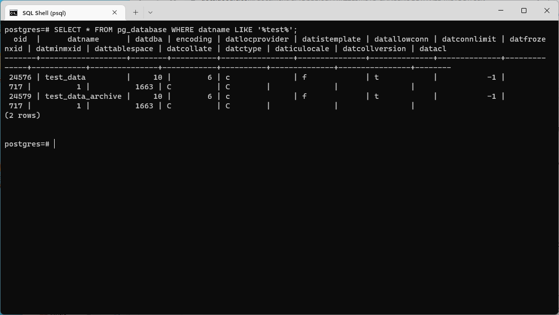 Uma lista de bancos de dados com nomes que contêm a string test.