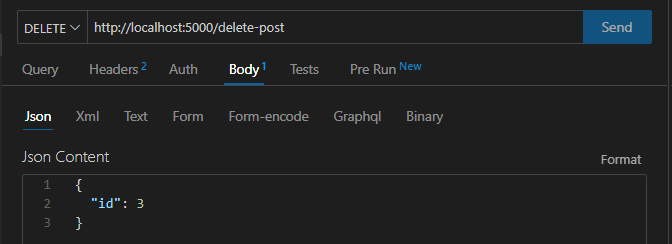 JSON body of a DELETE request to /delete-post endpoint