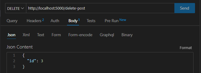 Corpo JSON de uma solicitação DELETE para o endpoint /delete-post.