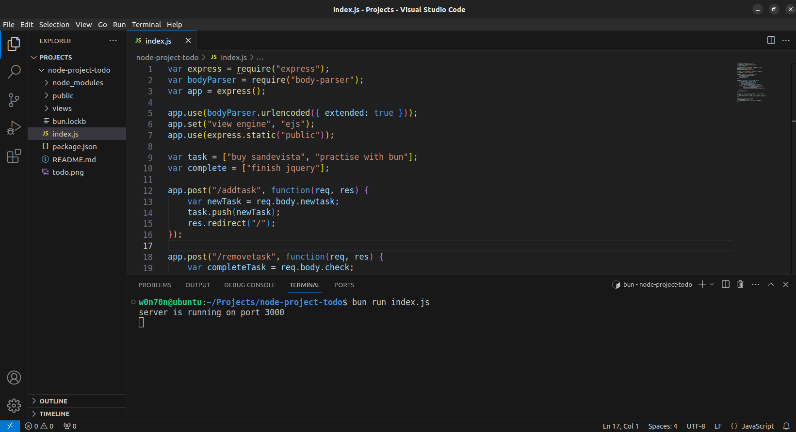 Executando o projeto Bun no Visual Studio Code.
