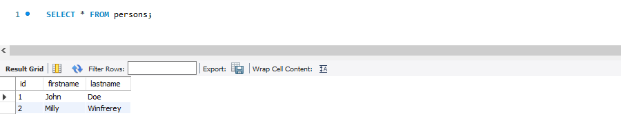 Schermata dei risultati della query in MySQL Workbench.