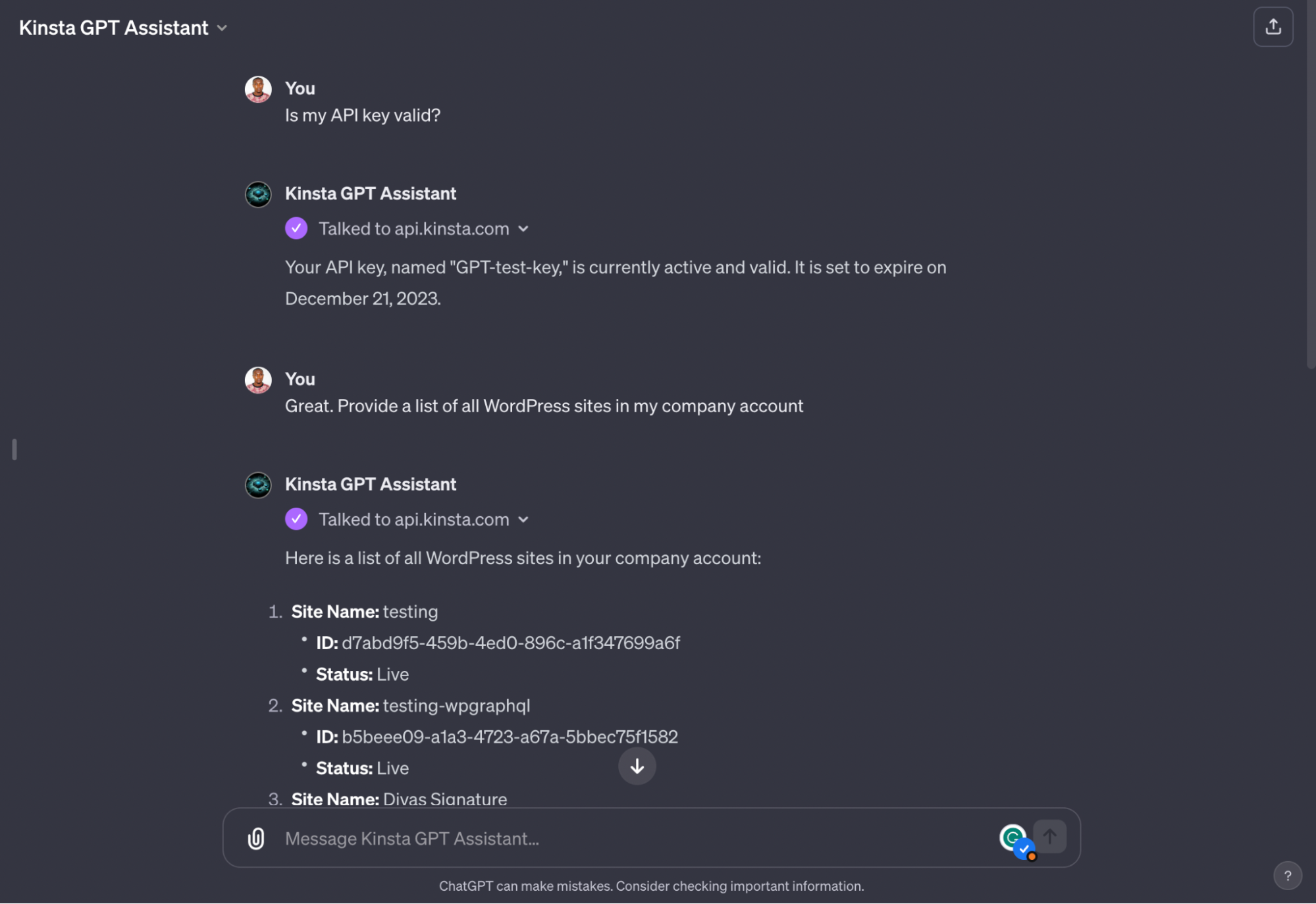 Kinsta GPT assistant interacting with Kinsta API to retrieve WordPress site's information