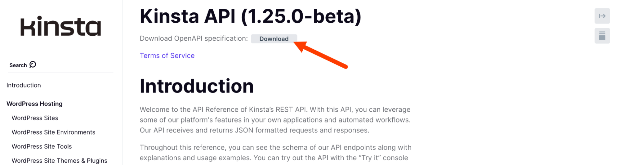 Spécification de l'API OpenAPI de Kinsta.