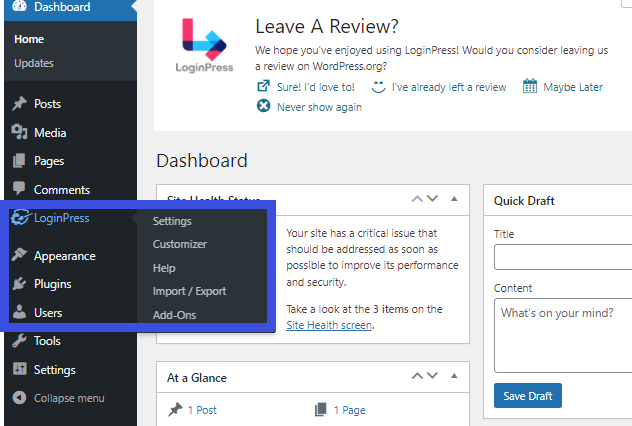 Left sidebar WordPress admin