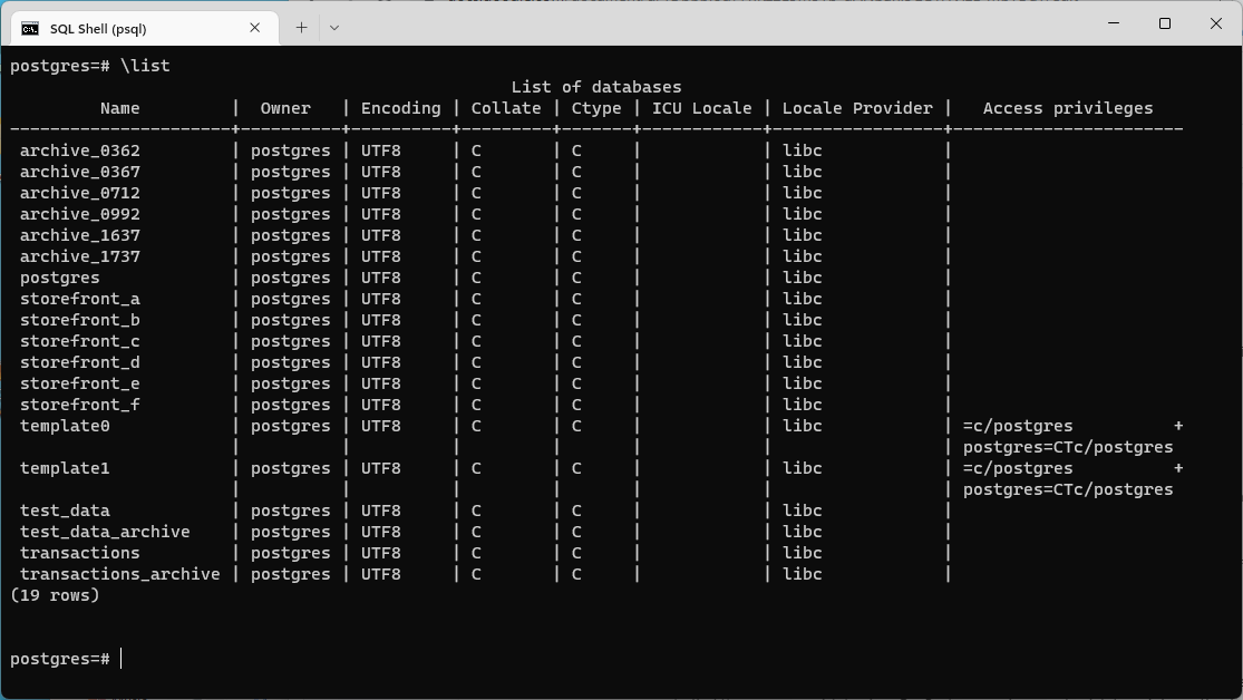 Liste des bases de données dans psql.