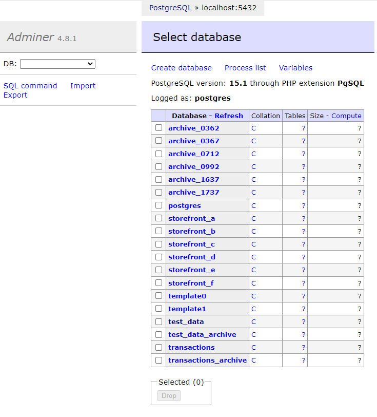 O Adminer exibe uma lista de todos os bancos de dados.