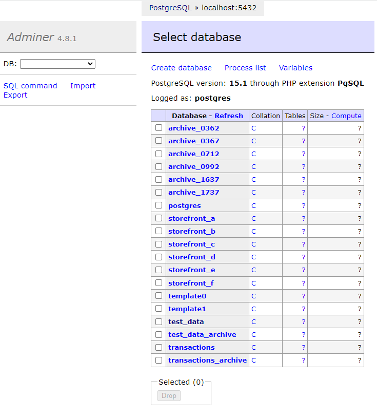 Adminer affichant une liste de toutes les bases de données.