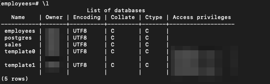 Elenco dei database sul server Postgres locale.