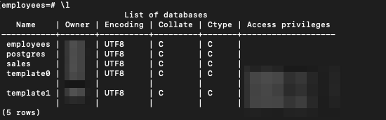 Auflistung der Datenbanken auf dem lokalen Postgres-Server.