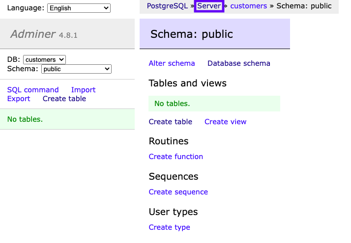 Navigazione nel server Postgres locale.