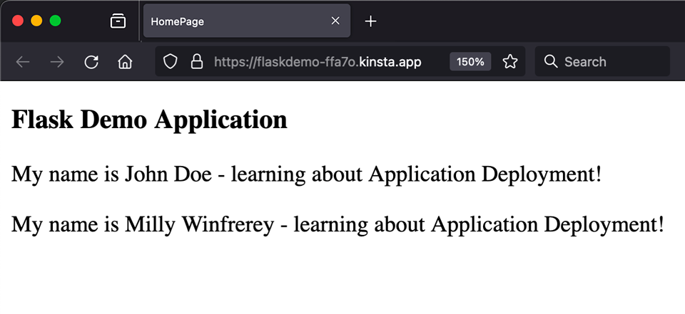 Screenshot of the Python Flask application live on the Kinsta platform.Screenshot der Python-Flask-Anwendung live auf der Kinsta-Plattform.