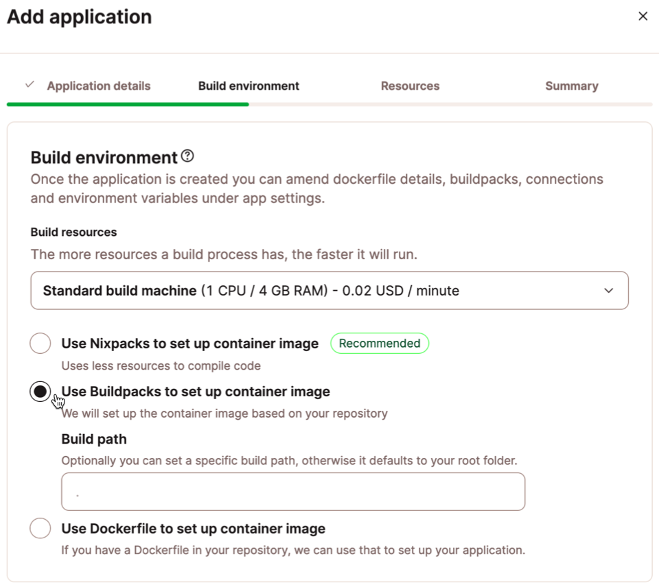 Screenshot of the MyKinsta interface for configuring a build environment.