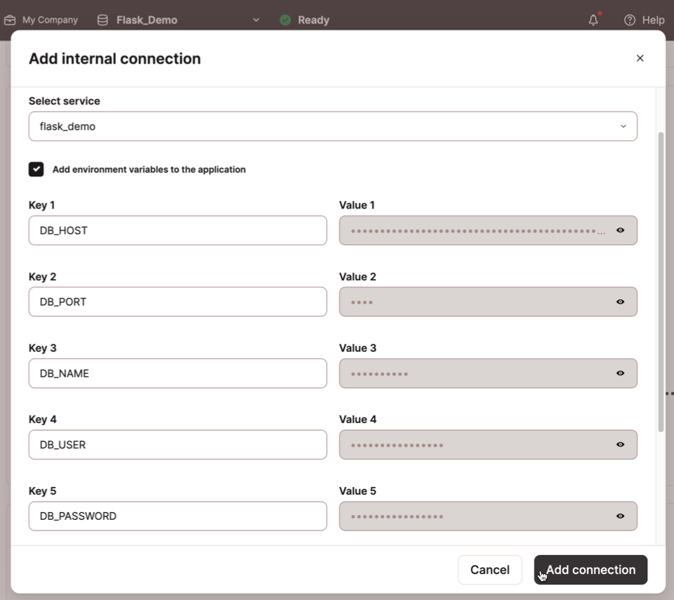 Screenshot des Dialogs zum Hinzufügen von Umgebungsvariablen für Datenbankanmeldeinformationen.