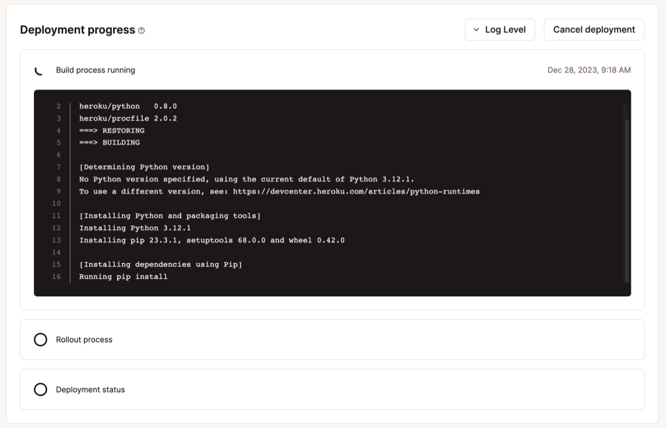 Captura de pantalla de las entradas de registro del despliegue de una aplicación Python Flask.