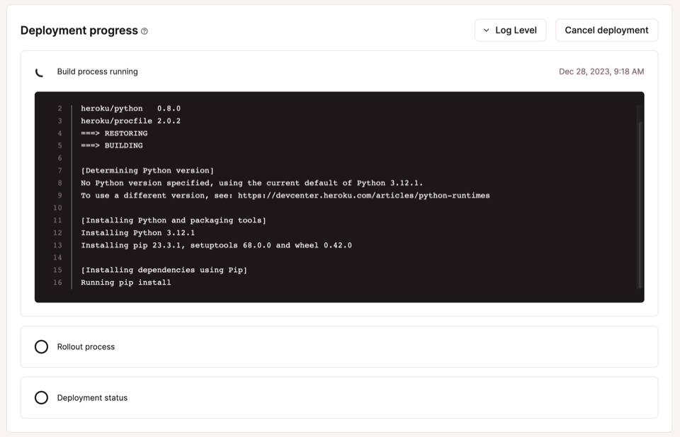 Schermata delle voci di log per la distribuzione di un'applicazione Python Flask.