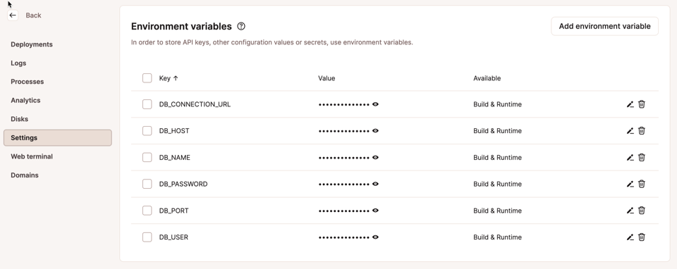 Screenshot of a MyKinsta dialog showing environment variables passed from the database to an application.