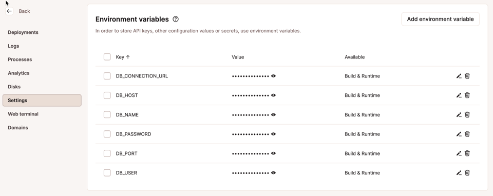 Schermata di una finestra di dialogo di MyKinsta che mostra le variabili d'ambiente passate dal database a un'applicazione.