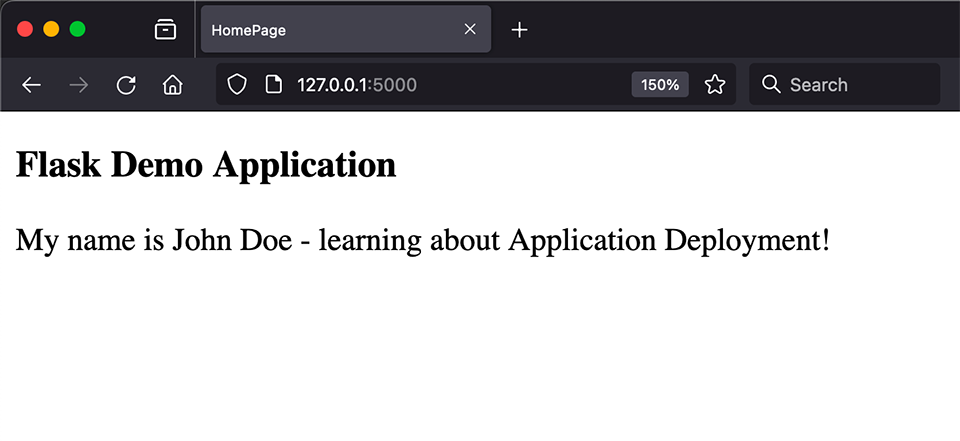 Screenshot eines Webbrowsers, der die Anfangsphase der Flask-Anwendung anzeigt.