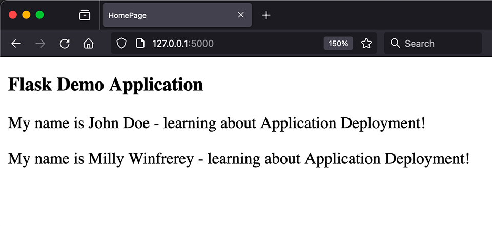 Schermata che mostra il contenuto generato dal database.