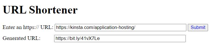 Resultado do encurtamento de URL usando a API Bitly.