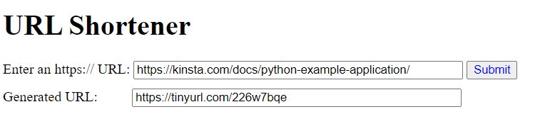 Schermata che mostra l'URL abbreviato restituito nel modulo web.