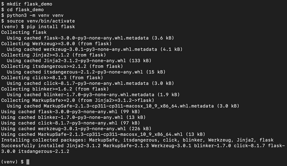 Output del terminale durante la creazione di un ambiente virtuale Python e l'installazione di Flask.