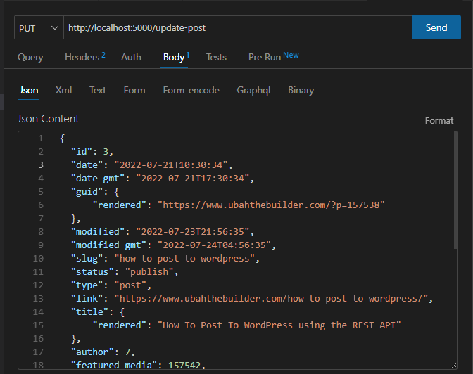 Cuerpo JSON de una petición PUT al endpoint /update-post.