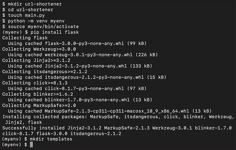 Befehle, die in das Terminal eingegeben werden, um die Python-Projektumgebung zu erstellen.