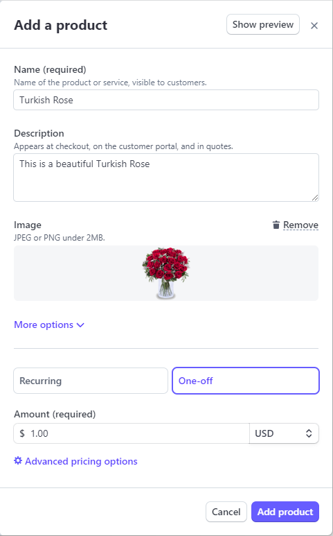 Add a product options with fields for name and description, image details with the option to remove, a link for more options, buttons to choose recurring or one-off, a field for amount and drop-down box for currency, and a link for advanced pricing options