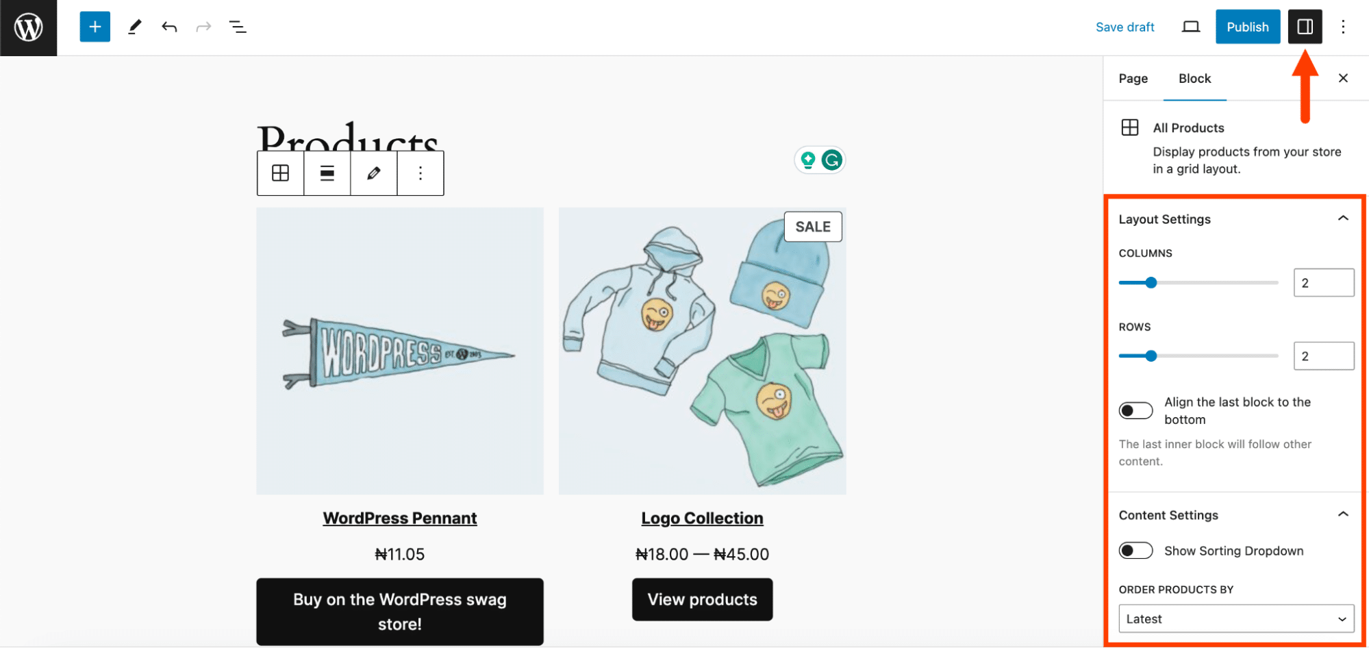 Panel de configuración para ajustar el bloque Todos los Productos