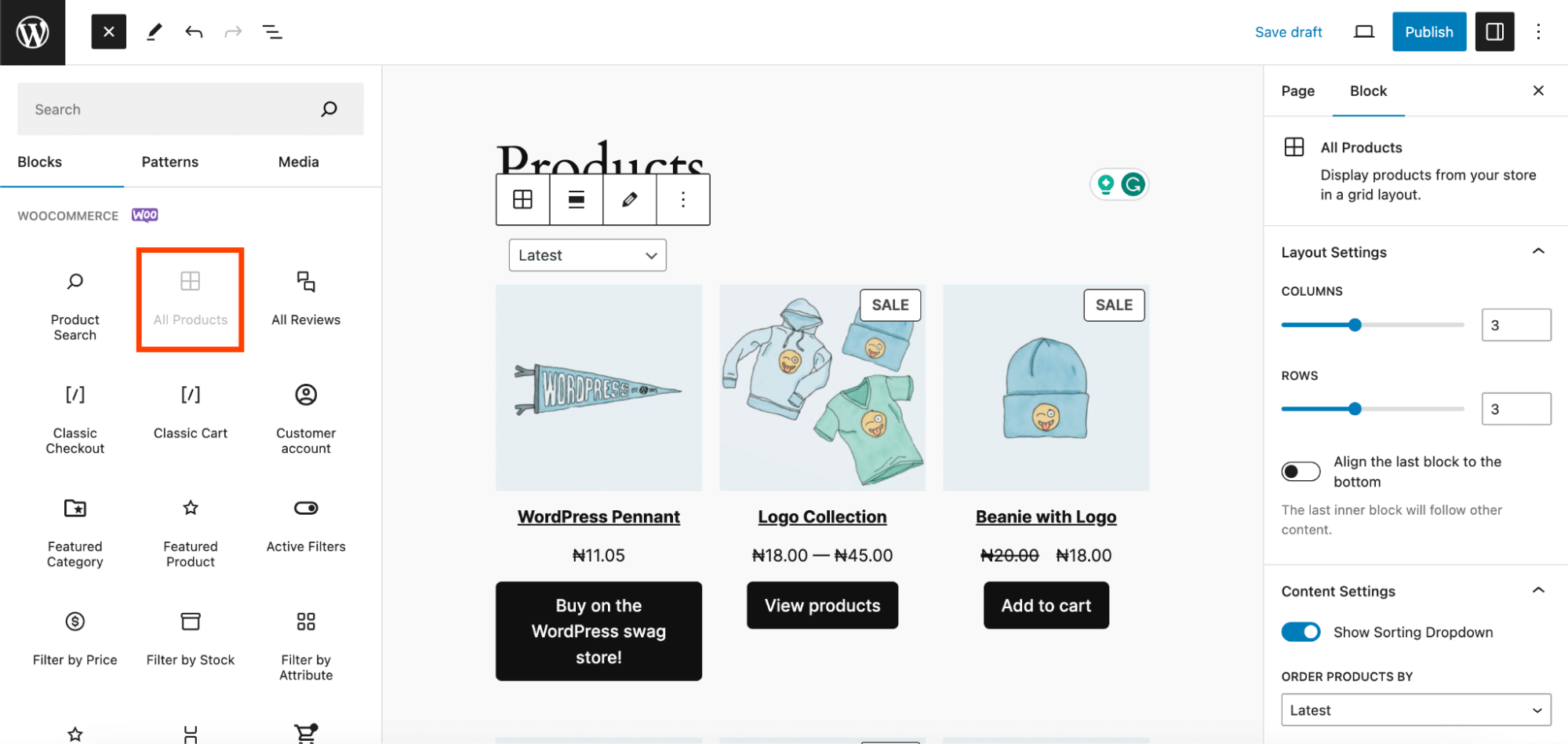 Using the All Products WooCommerce Block to display products in Grid