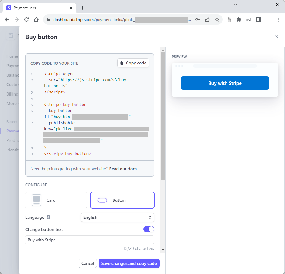 Koopknop opties met code zichtbaar aan de linkerkant en een voorbeeld aan de rechterkant. Opties zijn onder andere het configureren als kaart of knop, de taal, een knop om de tekst van de knop te wijzigen en een veld om de tekst in te typen.