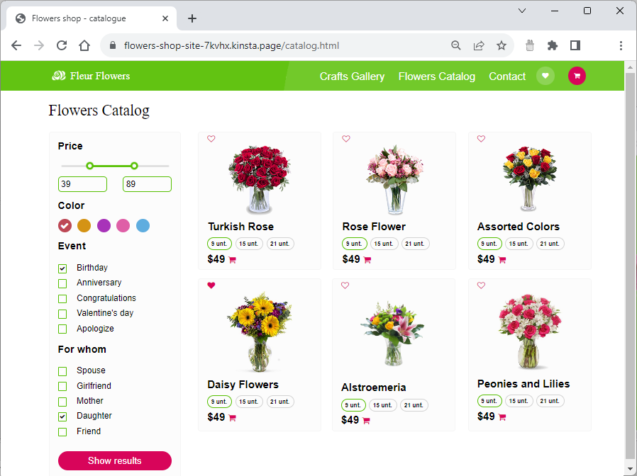 The catalog of flowers, with various bouquets, their sizes, and prices, each with a shopping cart icon to add it to the cart