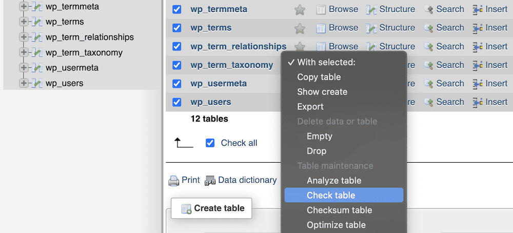 The phpMyAdmin tool showing the 'Check table' option. Visible on the left are various table names like wp_termmeta and wp_users, each with action icons for tasks such as browsing and searching. To the right, a context menu shows options for table operations like exporting and optimizing.