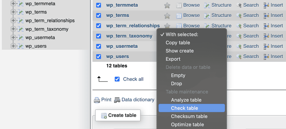 phpMyAdminで「Check table」を選択