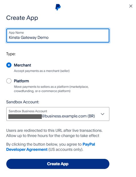 El formulario Crear App en PayPal con un campo para el nombre de la app, botones de opción para elegir el tipo como vendedor o plataforma, un campo para la cuenta sandbox