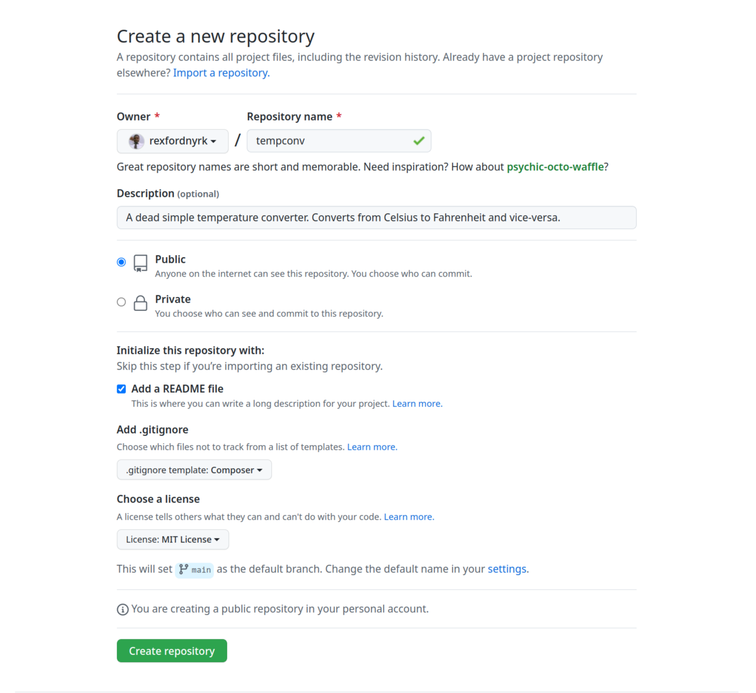 Schermata della pagina visualizzata durante la creazione di un repository su GitHub.