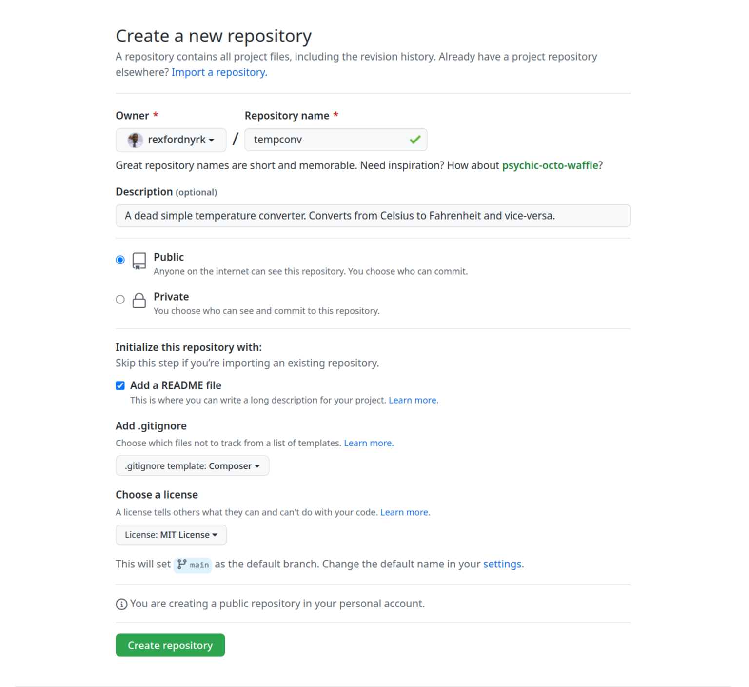 Screenshot der Seite, die beim Erstellen eines Repositorys auf GitHub angezeigt wird.