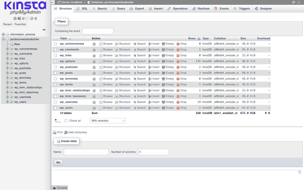 La interfaz phpMyAdmin en un servicio de alojamiento Kinsta, mostrando una lista de tablas de la base de datos de WordPress con opciones para acciones como examinar, estructurar, buscar, insertar y soltar. Las tablas mostradas son wp_commentmeta, wp_comments, wp_links, wp_options, wp_postmeta, wp_posts, wp_termmeta, wp_terms, wp_term_relationships, wp_term_taxonomy, wp_usermeta y wp_users.