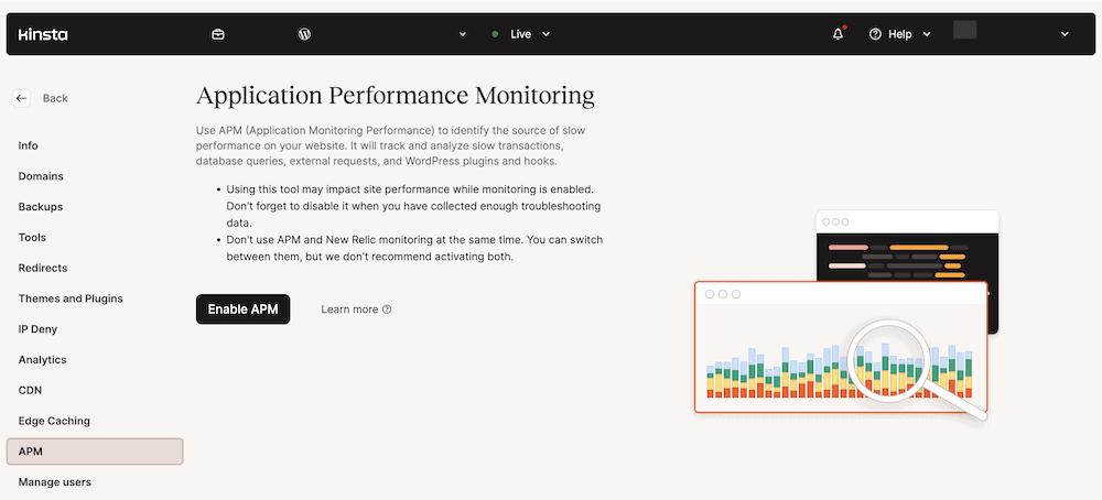 A Kinsta hosting service dashboard displaying the Application Performance Monitoring (APM) section. It includes a brief explanation of the APM feature, along with warnings about its usage. An 'Enable APM' button is prominently displayed for the user to activate the service.