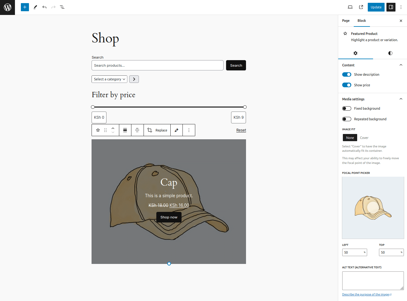 The Shop page shows the featured cap product with some settings for the featured product
