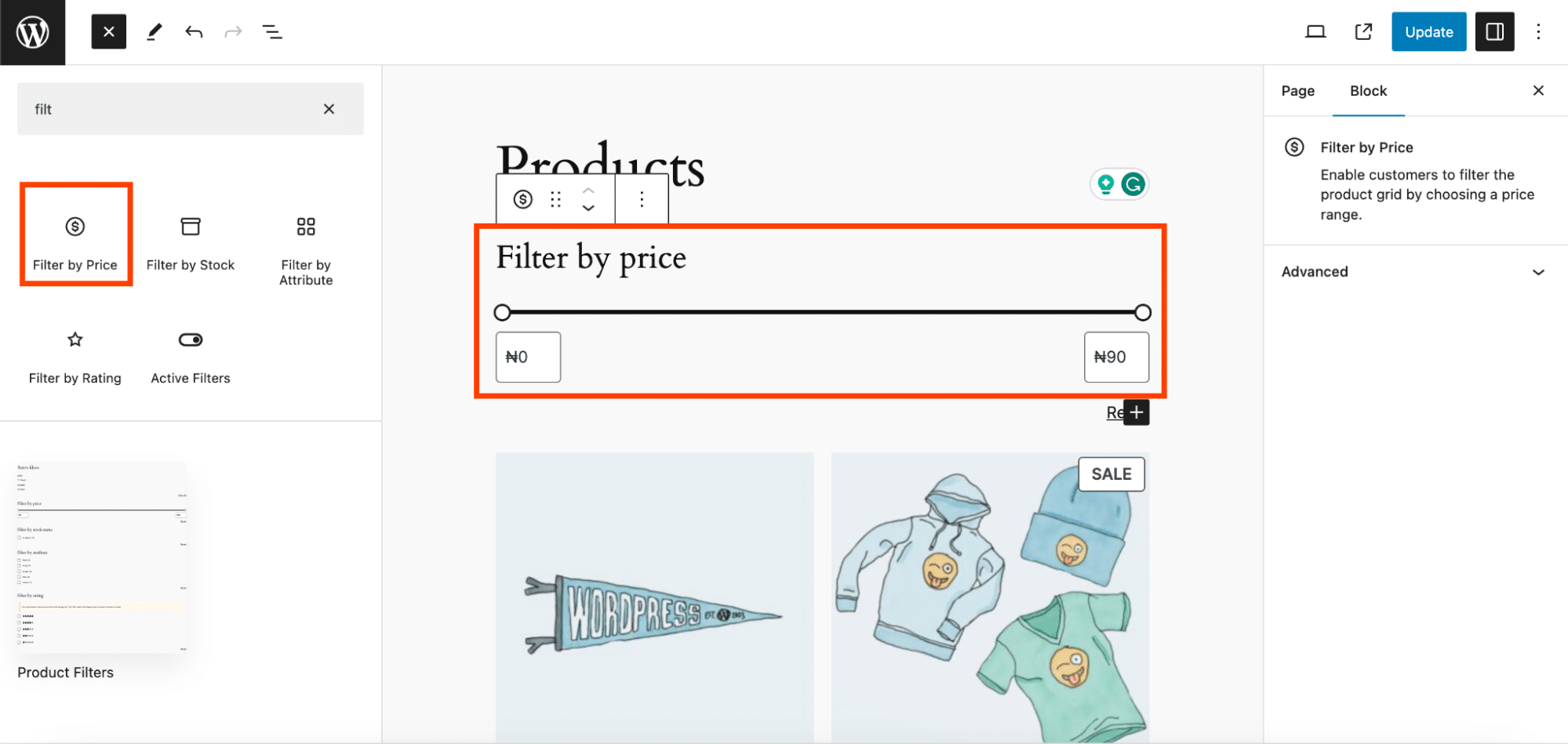 Aggiunta di un filtro per il prezzo con il blocco Filter by Price