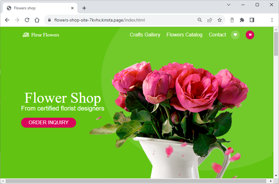 A flower shop web page with an image of a bouquet, an order inquiry button, and links to pages and the shopping cart