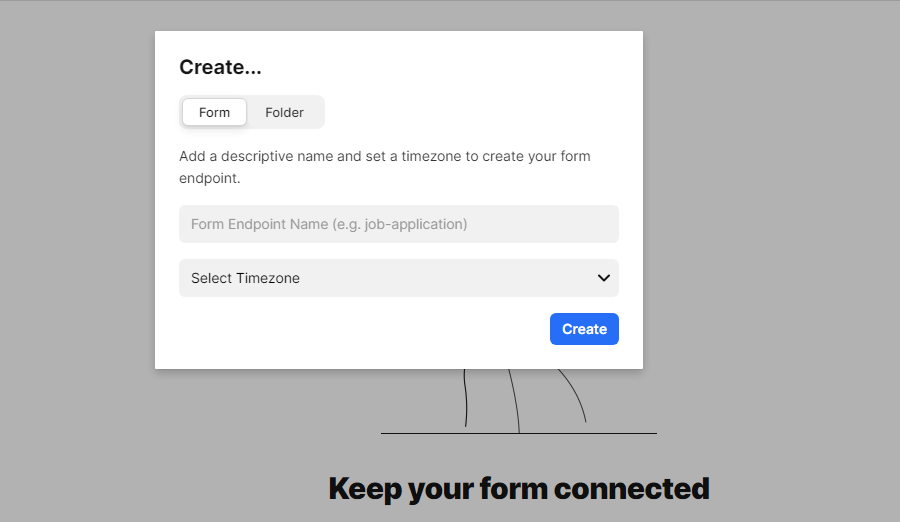 Getform's form submission endpoint URL creation dialog box