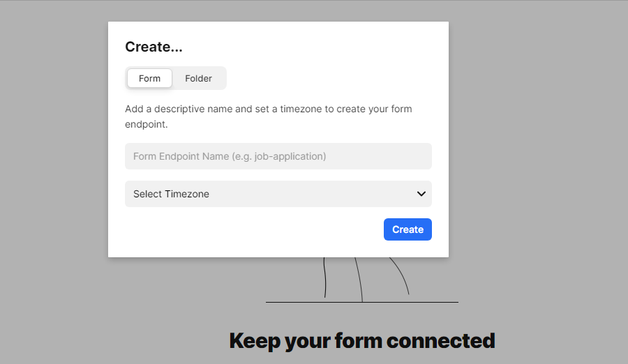 Finestra di dialogo per la creazione dell'URL dell'endpoint di invio del modulo di Getform