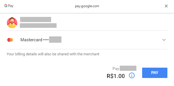 Google Pay betalingsgegevens inclusief een dropdown menu om de kaart, de prijs en een betaalknop te kiezen