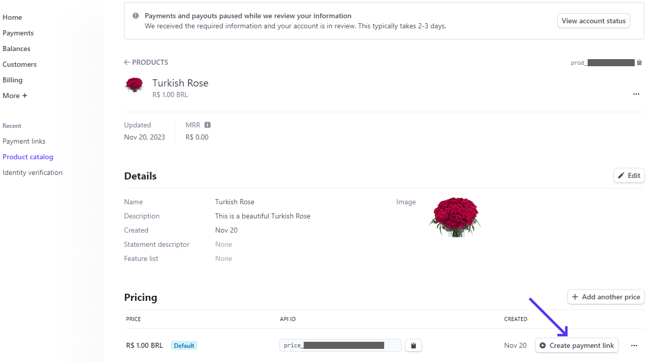 Details van het Turkish Rose product inclusief prijs, valuta, bijgewerkte datum, naam, beschrijving en afbeelding, en de prijsopties inclusief de app ID en een knop om een betaallink te maken.