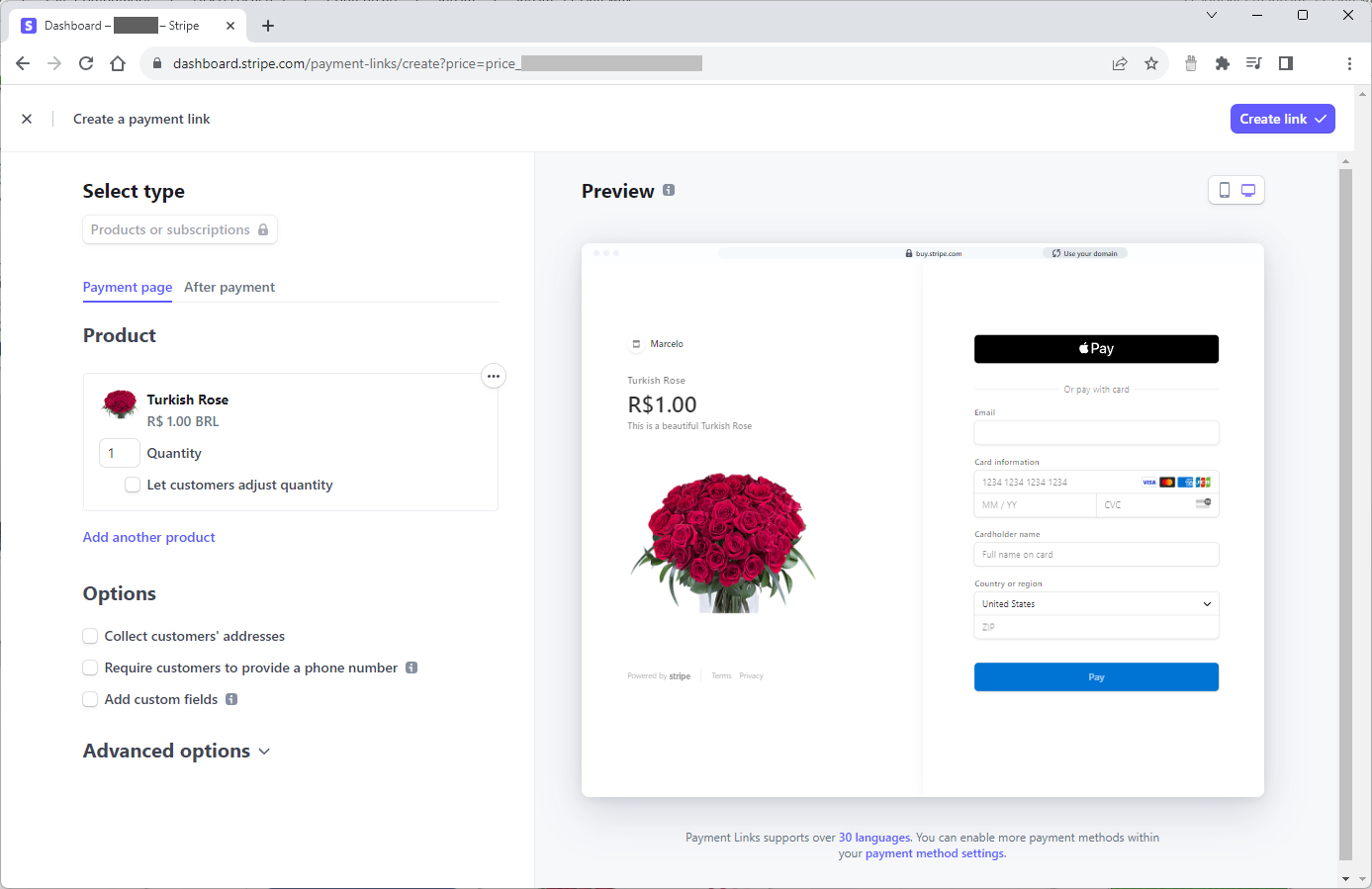 Détails de paiement du produit Stripe.