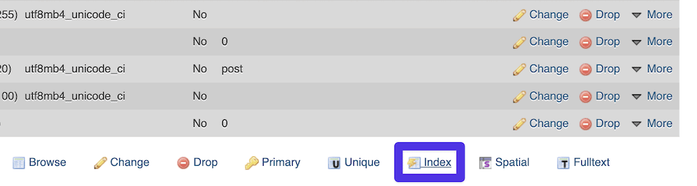 Un primo piano di una sezione di phpMyAdmin che mostra l'opzione indice evidenziata per una tabella del database WordPress. Sono visibili anche altre opzioni come browse, change, drop, primary, unique, spatial e fulltext.